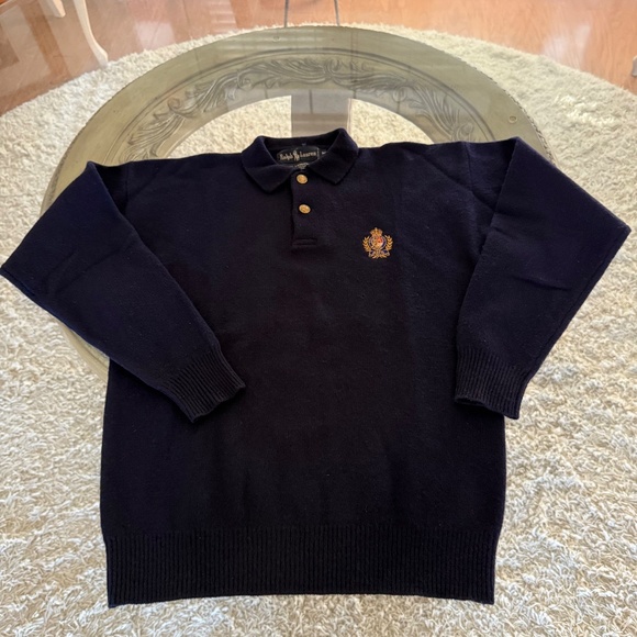 VTG Polo Ralph Lauren Blue Collared Crest Two Button Lambswool Sweater Men’s M - Picture 7 of 11
